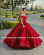 Load image into Gallery viewer, Red Sequined Ball Gown Quinceanera Dress Long 2023 Off the Shoulder 15 Sweet 16 Puffy Princess Prom Dresses Vestidos De 15 Años