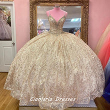Load image into Gallery viewer, Gold Sparkly Ball Gown Quinceanera Dresses Spaghetti Belt V Neck Sequines Applique Sweet 16 Dress Party Wear