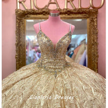 Load image into Gallery viewer, Gold Sparkly Ball Gown Quinceanera Dresses Spaghetti Belt V Neck Sequines Applique Sweet 16 Dress Party Wear