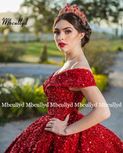 Load image into Gallery viewer, Red Sequined Ball Gown Quinceanera Dress Long 2023 Off the Shoulder 15 Sweet 16 Puffy Princess Prom Dresses Vestidos De 15 Años