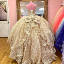 Load image into Gallery viewer, Gold Sparkly Ball Gown Quinceanera Dresses Spaghetti Belt V Neck Sequines Applique Sweet 16 Dress Party Wear