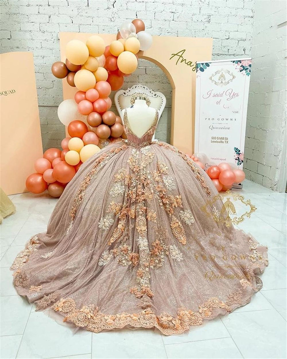 Rose Gold Beaded Puffy Quinceanera Dresses handmade flower lace Backle –  Twins Designss