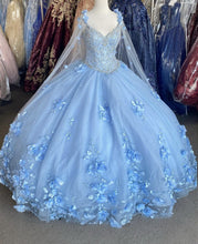 Load image into Gallery viewer, Light Sky Blue Quinceanera Dresses With Cape 2021 Sequins Beads 3D Flowers Backless Princess Sweet 16 Gown Vestidos De 15 Años