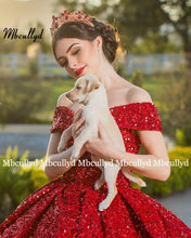 Load image into Gallery viewer, Red Sequined Ball Gown Quinceanera Dress Long 2023 Off the Shoulder 15 Sweet 16 Puffy Princess Prom Dresses Vestidos De 15 Años
