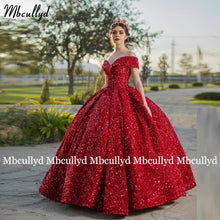 Load image into Gallery viewer, Red Sequined Ball Gown Quinceanera Dress Long 2023 Off the Shoulder 15 Sweet 16 Puffy Princess Prom Dresses Vestidos De 15 Años