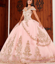 Load image into Gallery viewer, 2021 Pink Quinceanera Dresses Spaghetti Straps Off the Shoulder Gold Lace Applique Tiered Skirt Custom Made Sweet 16 Prom Ball G
