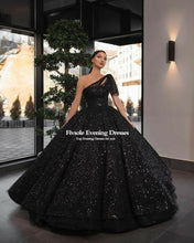 Load image into Gallery viewer, Fivsole Black Quinceanera Dress 2022 One Shoulder Short Sleeves Glitter Tulle Princess Sweet 16 Ball Gown Vestidos De 15 Años