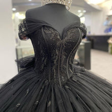 Load image into Gallery viewer, Black Off The Shoulder Tulle Quinceanera Dresses 2022 Princess 3D Flowers Beading Sweet 16 Ball Gown Pageant Party Lace-Up