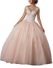 Load image into Gallery viewer, CharmingBridal V-Neck Ball Gown Prom Dress Beaded Lace Quinceanera Dresses Lavender Pink Plus Size Sweet 16 Dress Vestido15 Años