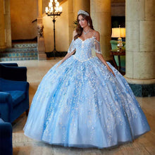 Load image into Gallery viewer, Sky Blue Charro Quinceanera Dresses Ball Gown Off The Shoulder Tulle Appliques Puffy Mexican Sweet 16 Dresses 15 Anos