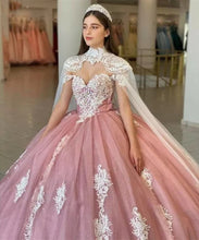 Load image into Gallery viewer, Pink Tulle Quinceanera Dress w/Cape Prom Dress Sweetheart Lace Beaded Party Princess Sweet 16 Dress