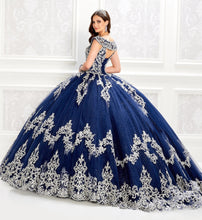 Load image into Gallery viewer, Navy Blue Quinceanera Dresses Ball Gown Off The Shoulder Tulle Appliques Beaded Puffy Mexican Sweet 16 Dresses 15 Anos