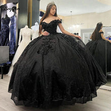 Load image into Gallery viewer, Sparkly Black Quinceanera Dresses with 3D Flowers Applique Corset Top Princess Ball Gown Sweet 16 Dress Vestidos de XV años