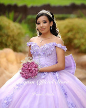 Load image into Gallery viewer, Ball Gown Lavender Quinceanera Dresses Off Shoulder Lace Flowers Crystal Princess Sweet 16 Dress Mexican Prom Party Gowns