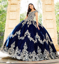 Load image into Gallery viewer, Navy Blue Quinceanera Dresses Ball Gown Off The Shoulder Tulle Appliques Beaded Puffy Mexican Sweet 16 Dresses 15 Anos