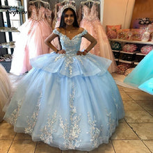 Load image into Gallery viewer, Sky Blue Quinceanera Dresses Ball Gown Puffy Tulle Applique Off Shoulder Sparkly Lace Sweet 16 Princess Party Vestido De 15 Anos
