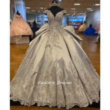 Load image into Gallery viewer, Silver Off The Shoulder Ruffles Back Ball Gown Quinceanera Dresses Appliques Beading Sweet 16 vestidos de quinceañera 15 ñera