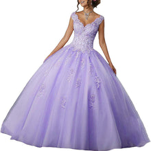 Load image into Gallery viewer, CharmingBridal V-Neck Ball Gown Prom Dress Beaded Lace Quinceanera Dresses Lavender Pink Plus Size Sweet 16 Dress Vestido15 Años