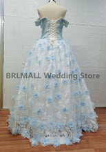 Load image into Gallery viewer, Light Sky Blue Quinceanera Dress Off Shoulder Appliques Sequins Flowers Party Princess Sweet 16 Ball Gown Vestidos De 15 Años