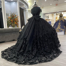 Load image into Gallery viewer, Black Off The Shoulder Tulle Quinceanera Dresses 2022 Princess 3D Flowers Beading Sweet 16 Ball Gown Pageant Party Lace-Up