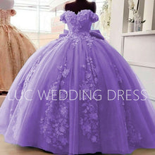 Load image into Gallery viewer, LUC Blue Quinceanera Dresses 2023 Ball Gown Sweetheart Off The Shoulder Lace Appliques Pearls Mexican Sweet 16 Dresses 15 Anos