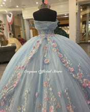 Load image into Gallery viewer, Light Blue Puffy Ball Gown Quinceanera Dresses Off Shoulder Flower Corset Sweet 16 Dress Pageant Gowns vestido de 15 anos X