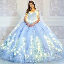 Load image into Gallery viewer, Light Sky Blue Sparkly Tulle Off The Shoulder Quinceanera Dresses 2023 Princess 3D Flowers Ball Gown Vestido De 15 Anos Sweet 16