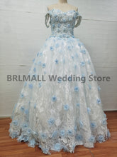 Load image into Gallery viewer, Light Sky Blue Quinceanera Dress Off Shoulder Appliques Sequins Flowers Party Princess Sweet 16 Ball Gown Vestidos De 15 Años