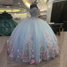 Load image into Gallery viewer, Light Blue Puffy Ball Gown Quinceanera Dresses Off Shoulder Flower Corset Sweet 16 Dress Pageant Gowns vestido de 15 anos X
