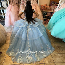 Load image into Gallery viewer, Sky Blue Quinceanera Dresses Ball Gown Puffy Tulle Applique Off Shoulder Sparkly Lace Sweet 16 Princess Party Vestido De 15 Anos