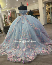 Load image into Gallery viewer, Light Blue Puffy Ball Gown Quinceanera Dresses Off Shoulder Flower Corset Sweet 16 Dress Pageant Gowns vestido de 15 anos X