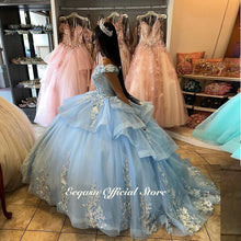 Load image into Gallery viewer, Sky Blue Quinceanera Dresses Ball Gown Puffy Tulle Applique Off Shoulder Sparkly Lace Sweet 16 Princess Party Vestido De 15 Anos