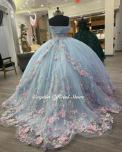 Load image into Gallery viewer, Light Blue Puffy Ball Gown Quinceanera Dresses Off Shoulder Flower Corset Sweet 16 Dress Pageant Gowns vestido de 15 anos X