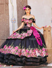 Load image into Gallery viewer, Black Charro Quinceanera Dresses Ball Gown Off The Shoulder Appliques Mexican Sweet 16 Dresses 15 Anos