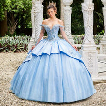 Load image into Gallery viewer, Sky Blue Quinceanera Dresses Ball Gown Long Sleeves Tulle Appliques Pearls Mexican Sweet 16 Dresses 15 Anos