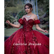 Load image into Gallery viewer, 2022 Dark Red Burgundy Quinceanera Ball Gown Dresses Sweetheart Sequined Lace Appliqus Sequins Sweet 16 Sweep Train Party Prom