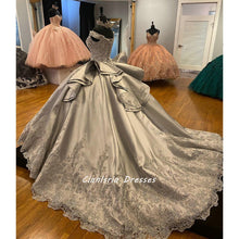 Load image into Gallery viewer, Silver Off The Shoulder Ruffles Back Ball Gown Quinceanera Dresses Appliques Beading Sweet 16 vestidos de quinceañera 15 ñera