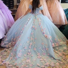 Load image into Gallery viewer, Light Blue Quinceanera Dresses With Pink Lace Appliques Long Sleeves Beading Ball Gown Off Shoulder 15 years dress Sweet 16 Prom