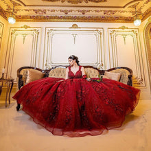 Load image into Gallery viewer, Xijun Red Princess Ball Gown Quinceanera Dresses Sweet 16 Party 3D Flowers Lace Applique Crystal Beads V-Neck Birthday Gowns