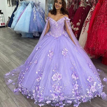 Load image into Gallery viewer, Light Sky Blue Sparkly Tulle Off The Shoulder Quinceanera Dresses 2023 Princess 3D Flowers Ball Gown Vestido De 15 Anos Sweet 16