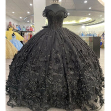 Load image into Gallery viewer, Black Off The Shoulder Tulle Quinceanera Dresses 2022 Princess 3D Flowers Beading Sweet 16 Ball Gown Pageant Party Lace-Up