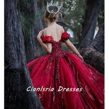 Load image into Gallery viewer, 2022 Dark Red Burgundy Quinceanera Ball Gown Dresses Sweetheart Sequined Lace Appliqus Sequins Sweet 16 Sweep Train Party Prom