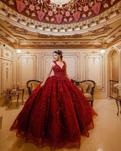 Load image into Gallery viewer, Xijun Red Princess Ball Gown Quinceanera Dresses Sweet 16 Party 3D Flowers Lace Applique Crystal Beads V-Neck Birthday Gowns