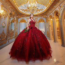Load image into Gallery viewer, Xijun Red Princess Ball Gown Quinceanera Dresses Sweet 16 Party 3D Flowers Lace Applique Crystal Beads V-Neck Birthday Gowns