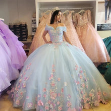 Load image into Gallery viewer, Light Blue Quinceanera Dresses With Pink Lace Appliques Long Sleeves Beading Ball Gown Off Shoulder 15 years dress Sweet 16 Prom
