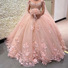 Load image into Gallery viewer, Light Sky Blue Sparkly Tulle Off The Shoulder Quinceanera Dresses 2023 Princess 3D Flowers Ball Gown Vestido De 15 Anos Sweet 16