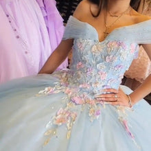 Load image into Gallery viewer, Light Blue Quinceanera Dresses With Pink Lace Appliques Long Sleeves Beading Ball Gown Off Shoulder 15 years dress Sweet 16 Prom