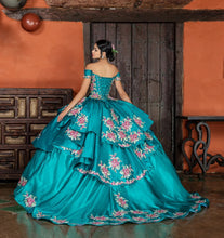 Load image into Gallery viewer, Blue Charro Quinceanera Dresses Ball Gown Sweetheart Satin Tiered Appliques Mexican Sweet 16 Dresses 15 Anos