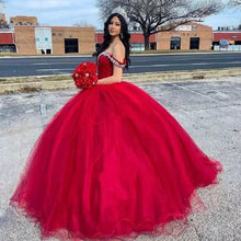 Load image into Gallery viewer, Red Quinceanera Dresses Princess Beaded Crystals Tulle Lace Up Back Formal Pageant Ball Gowns Sweet 16 Birthday Party vestidos 2