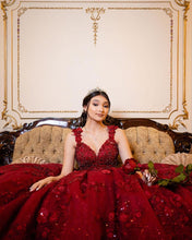Load image into Gallery viewer, Xijun Red Princess Ball Gown Quinceanera Dresses Sweet 16 Party 3D Flowers Lace Applique Crystal Beads V-Neck Birthday Gowns